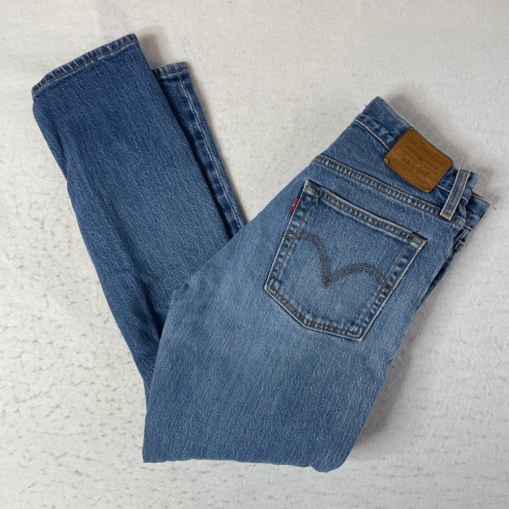 Levi's Wedgie Straight Jeans Womens 27 Blue High Rise Button Fly Stretch Denim